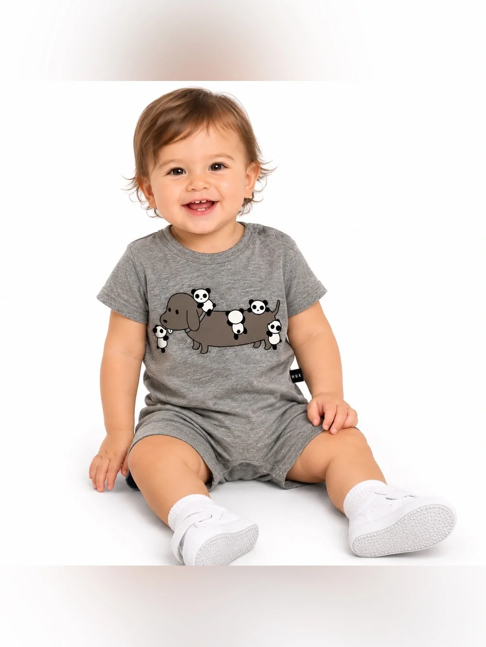 Huxbaby unisex Graphic Dog and Panda Grey Short Sleeve Shortie